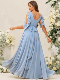 A-Line/Princess V-Neck Ruffle Sleeve Floor-Length Bridesmaid Dresses