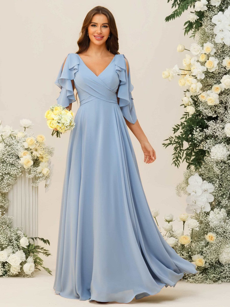 A-Line/Princess V-Neck Ruffle Sleeve Floor-Length Bridesmaid Dresses