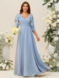 A-Line/Princess V-Neck Ruffle Sleeve Floor-Length Bridesmaid Dresses