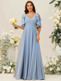 A-Line/Princess V-Neck Ruffle Sleeve Floor-Length Bridesmaid Dresses
