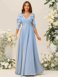 A-Line/Princess V-Neck Ruffle Sleeve Floor-Length Bridesmaid Dresses