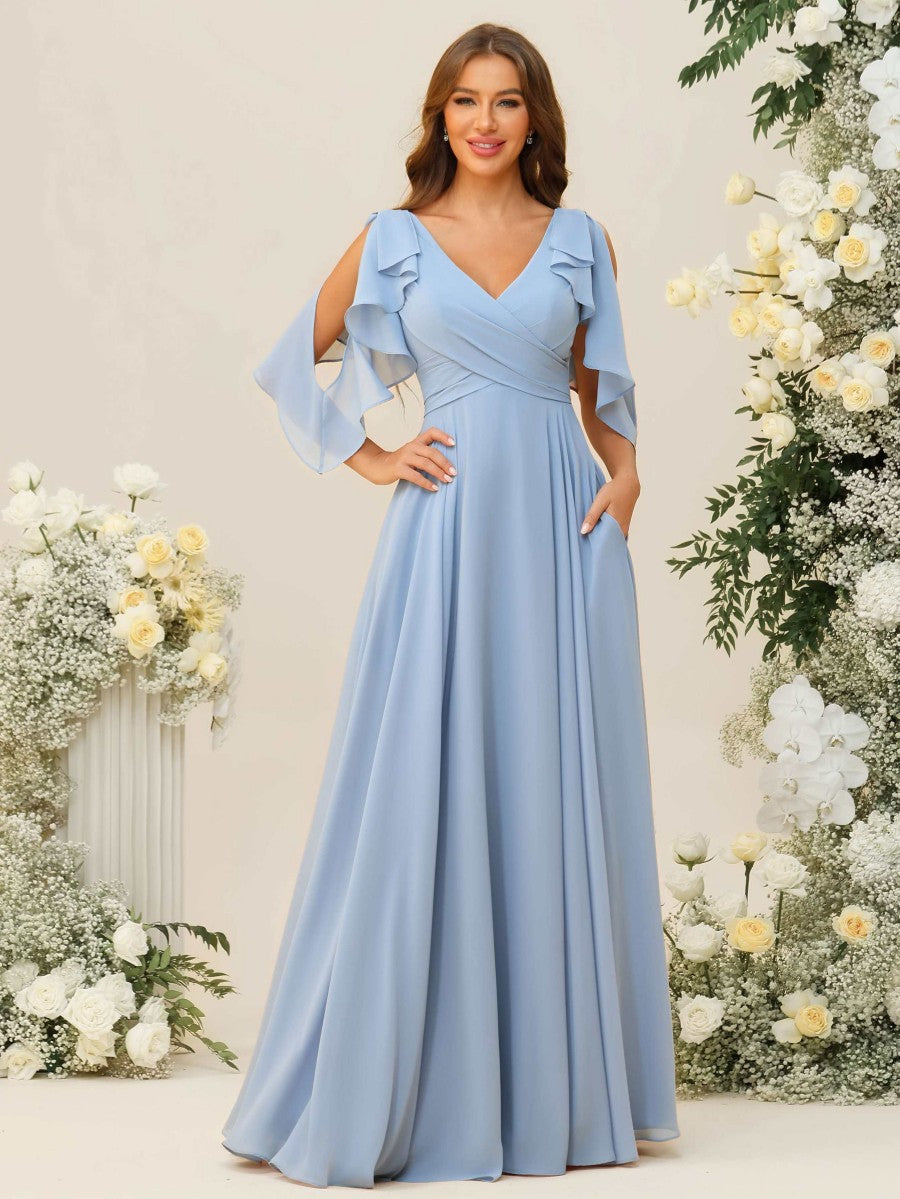 A-Line/Princess V-Neck Ruffle Sleeve Floor-Length Bridesmaid Dresses