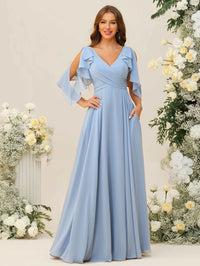 A-Line/Princess V-Neck Ruffle Sleeve Floor-Length Bridesmaid Dresses