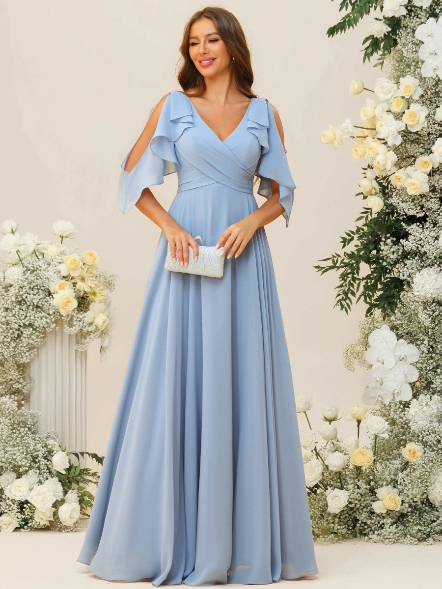 A-Line/Princess V-Neck Ruffle Sleeve Floor-Length Bridesmaid Dresses