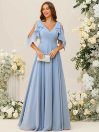 A-Line/Princess V-Neck Ruffle Sleeve Floor-Length Bridesmaid Dresses