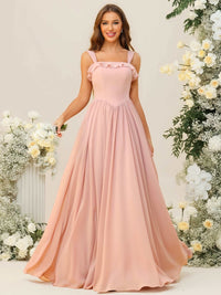 A-Line/Princess Spaghetti Strap Ruffle Floor-Length Bridesmaid Dresses Wedding Guest Dresses