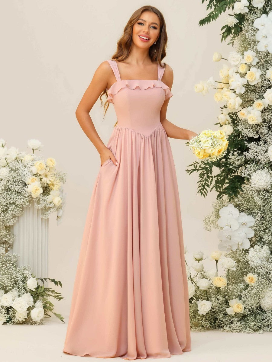 A-Line/Princess Spaghetti Strap Ruffle Floor-Length Bridesmaid Dresses Wedding Guest Dresses