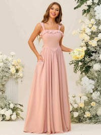 A-Line/Princess Spaghetti Strap Ruffle Floor-Length Bridesmaid Dresses Wedding Guest Dresses