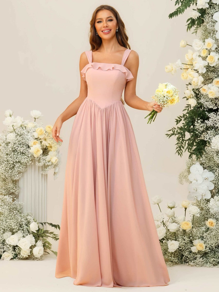 A-Line/Princess Spaghetti Strap Ruffle Floor-Length Bridesmaid Dresses Wedding Guest Dresses