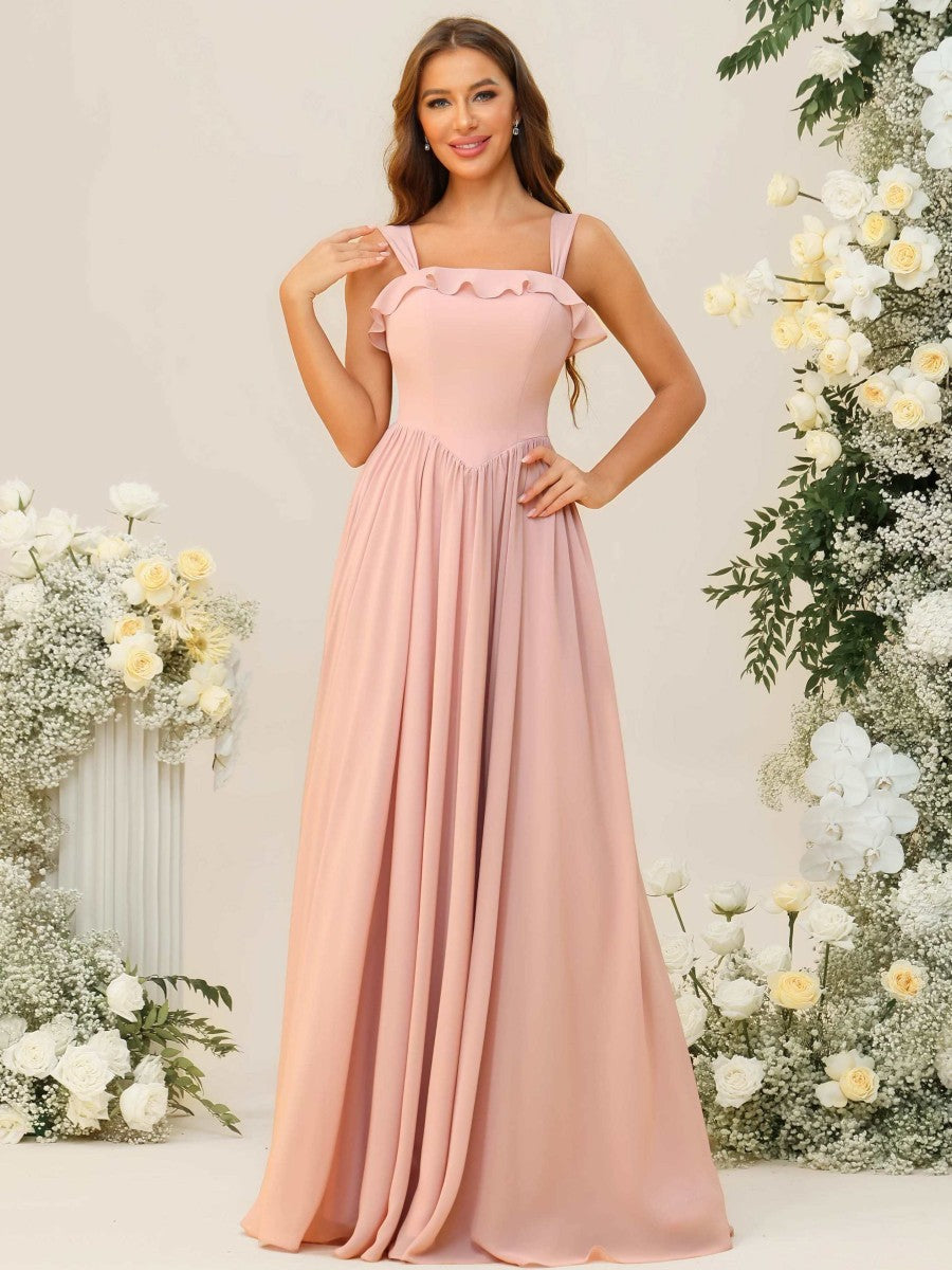 A-Line/Princess Spaghetti Strap Ruffle Floor-Length Bridesmaid Dresses Wedding Guest Dresses