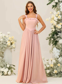 A-Line/Princess Spaghetti Strap Ruffle Floor-Length Bridesmaid Dresses Wedding Guest Dresses