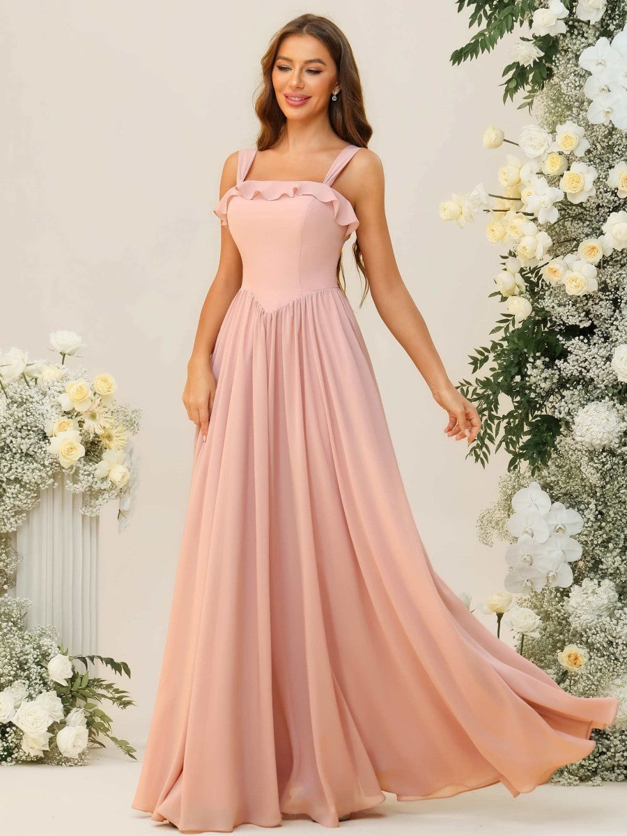 A-Line/Princess Spaghetti Strap Ruffle Floor-Length Bridesmaid Dresses Wedding Guest Dresses