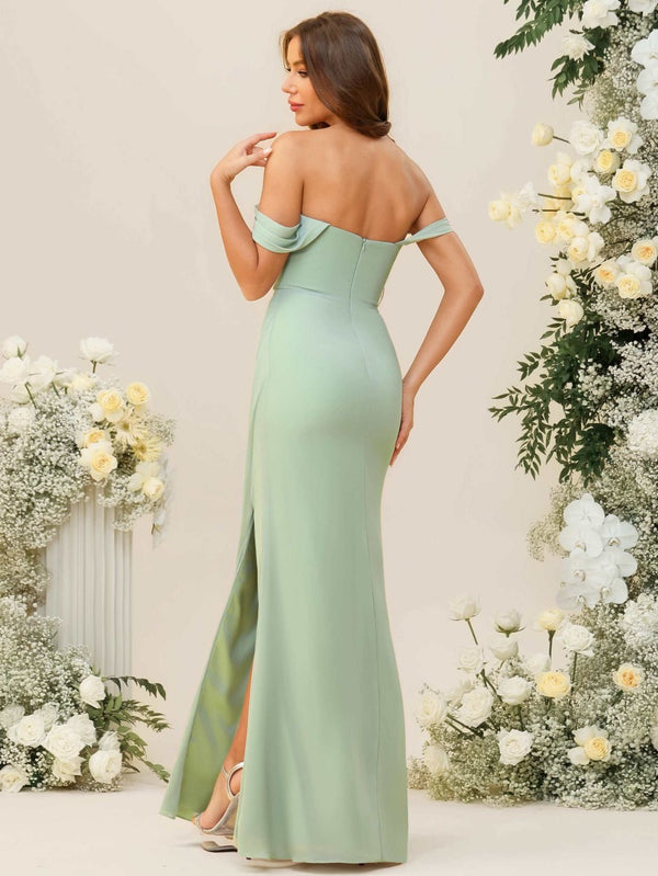 Sheath/Column Off Shoulder Cowl Neck Ruched Floor-Length Bridesmaid Dresses with Side Slit