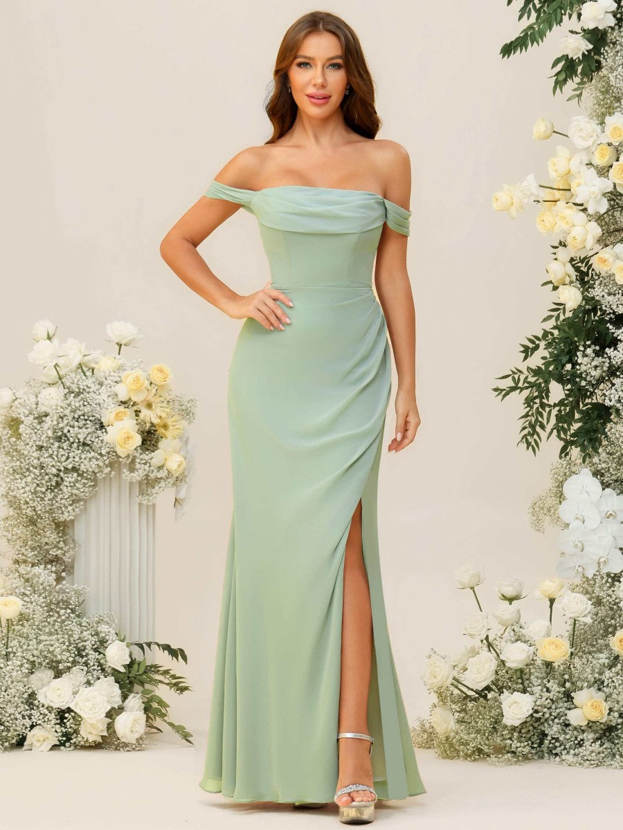 Sheath/Column Off Shoulder Cowl Neck Ruched Floor-Length Bridesmaid Dresses with Side Slit