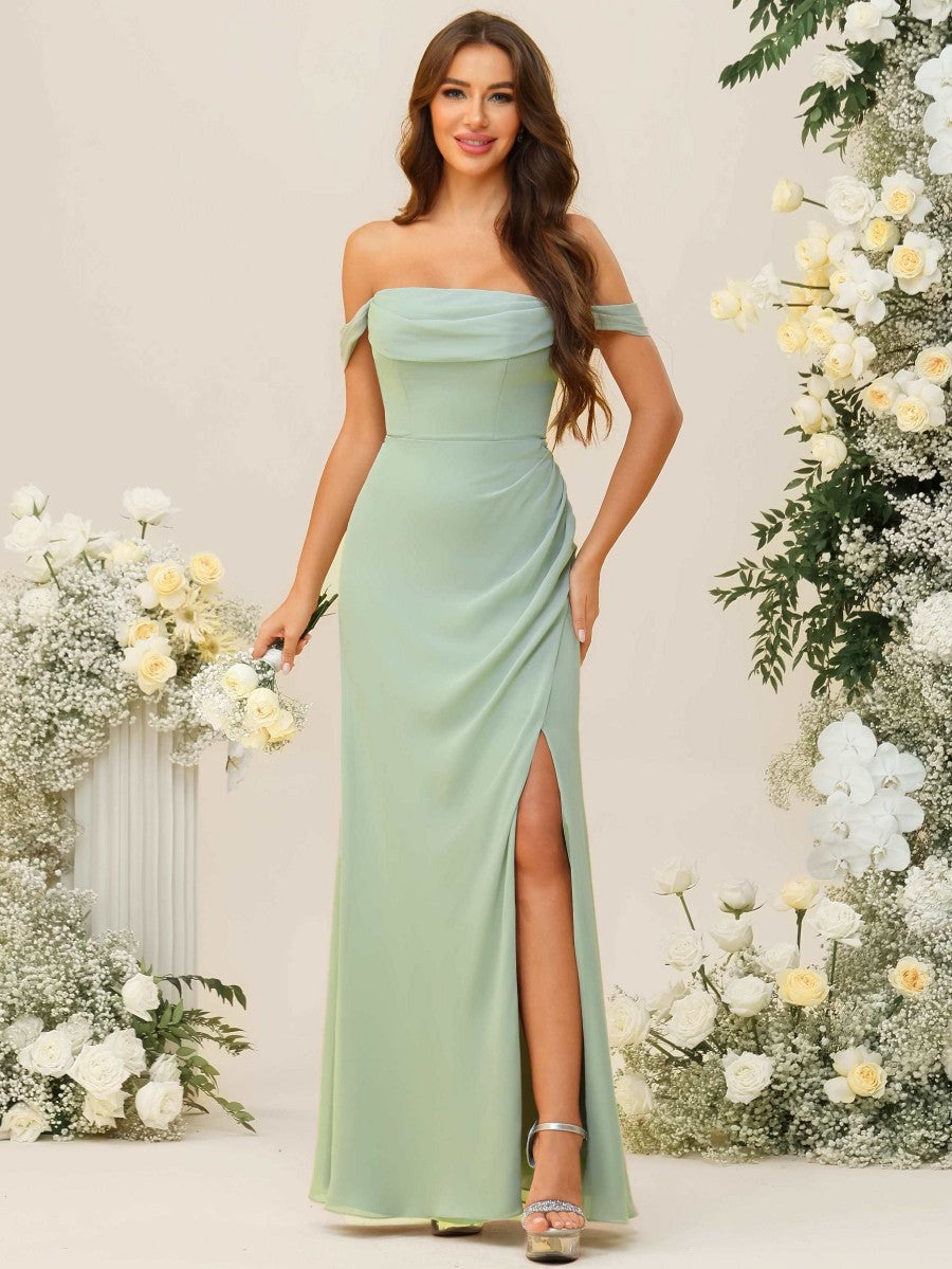 Sheath/Column Off Shoulder Cowl Neck Ruched Floor-Length Bridesmaid Dresses with Side Slit