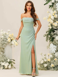Sheath/Column Off Shoulder Cowl Neck Ruched Floor-Length Bridesmaid Dresses with Side Slit
