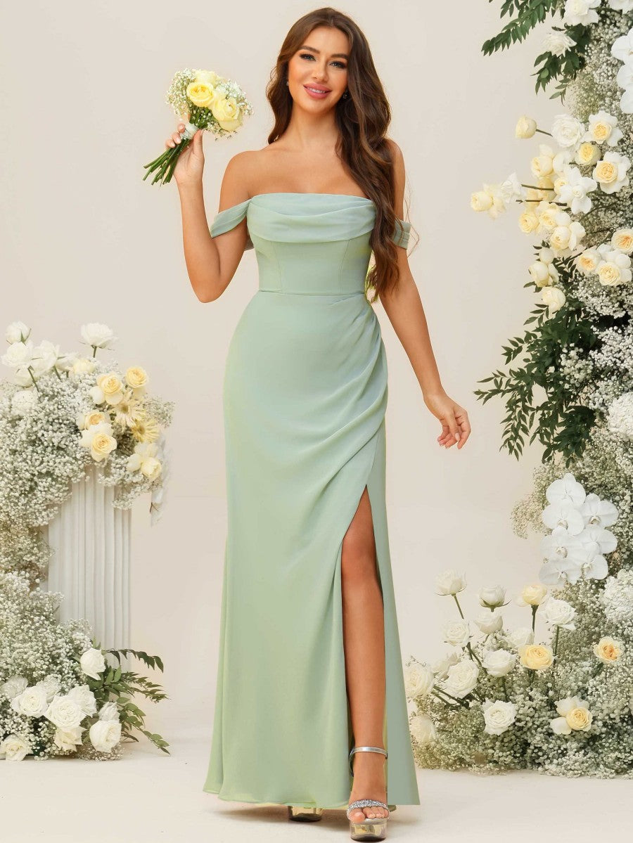Sheath/Column Off Shoulder Cowl Neck Ruched Floor-Length Bridesmaid Dresses with Side Slit