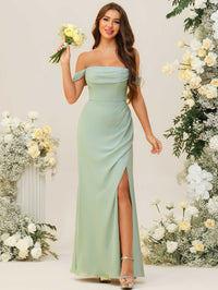 Sheath/Column Off Shoulder Cowl Neck Ruched Floor-Length Bridesmaid Dresses with Side Slit
