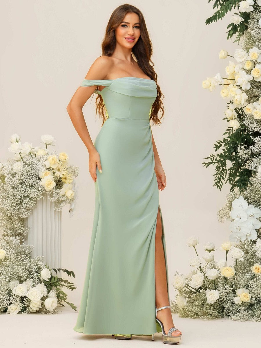 Sheath/Column Off Shoulder Cowl Neck Ruched Floor-Length Bridesmaid Dresses with Side Slit