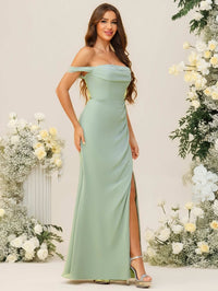 Sheath/Column Off Shoulder Cowl Neck Ruched Floor-Length Bridesmaid Dresses with Side Slit