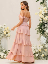 Sheath/Column Off Shoulder Sweetheart Neck Tiered Floor-Length Bridesmaid Dresses with Ruffles