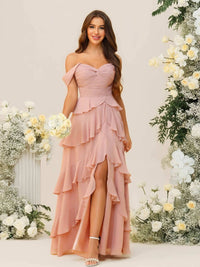 Sheath/Column Off Shoulder Sweetheart Neck Tiered Floor-Length Bridesmaid Dresses with Ruffles