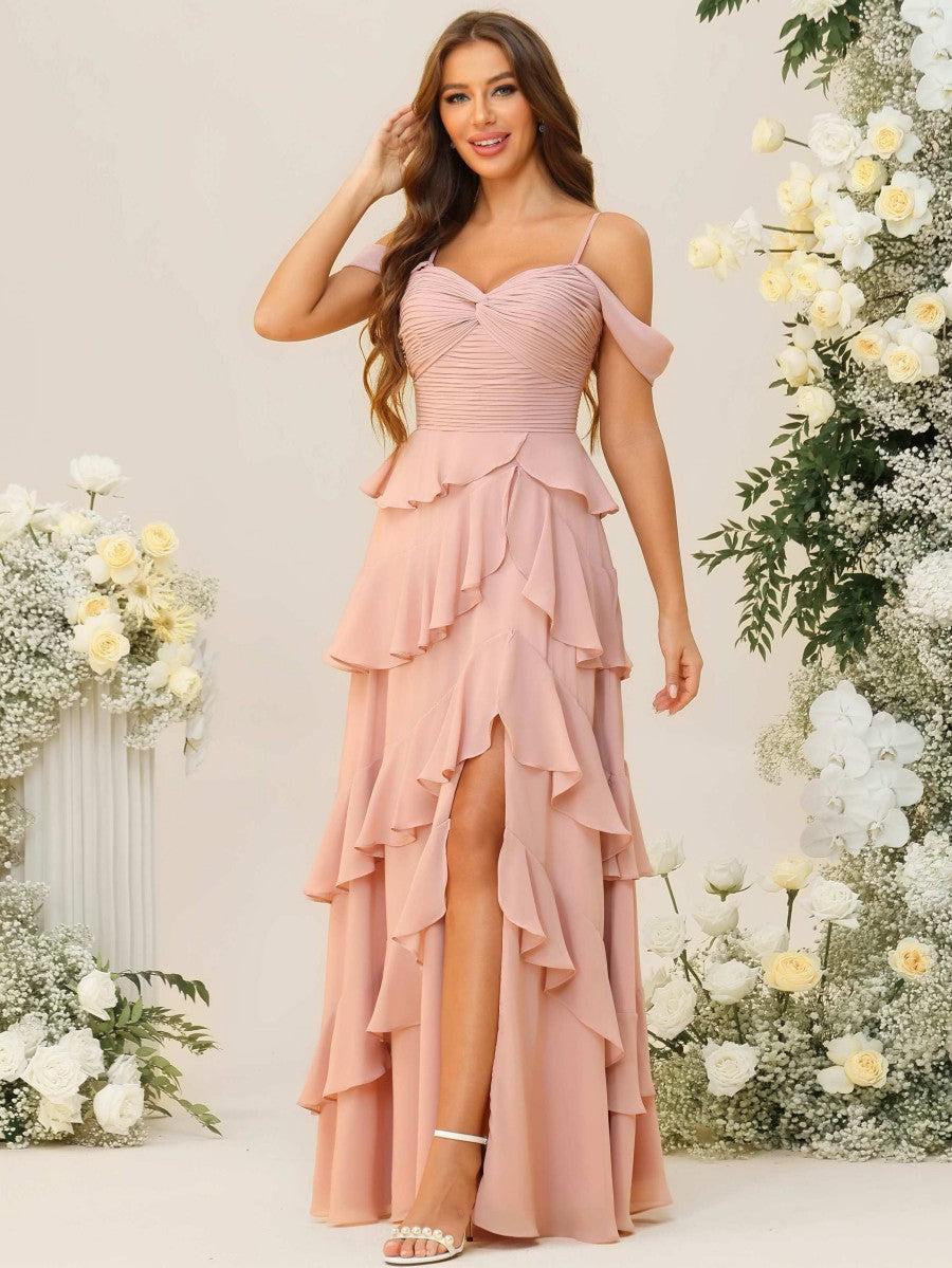 Sheath/Column Off Shoulder Sweetheart Neck Tiered Floor-Length Bridesmaid Dresses with Ruffles