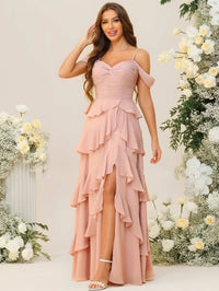 Sheath/Column Off Shoulder Sweetheart Neck Tiered Floor-Length Bridesmaid Dresses with Ruffles
