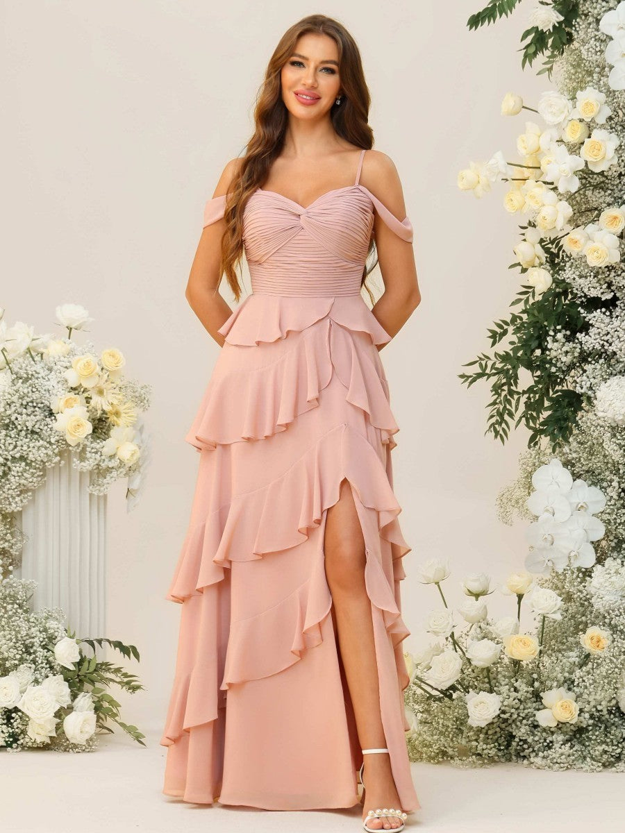Sheath/Column Off Shoulder Sweetheart Neck Tiered Floor-Length Bridesmaid Dresses with Ruffles