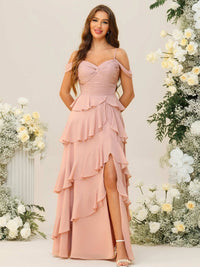 Sheath/Column Off Shoulder Sweetheart Neck Tiered Floor-Length Bridesmaid Dresses with Ruffles