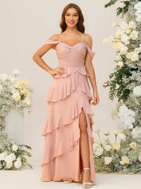 Sheath/Column Off Shoulder Sweetheart Neck Tiered Floor-Length Bridesmaid Dresses with Ruffles