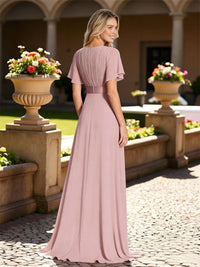 A-Line V-Neck Short Sleeve Ruched Chiffon Floor-Length Bridesmaid Dresses