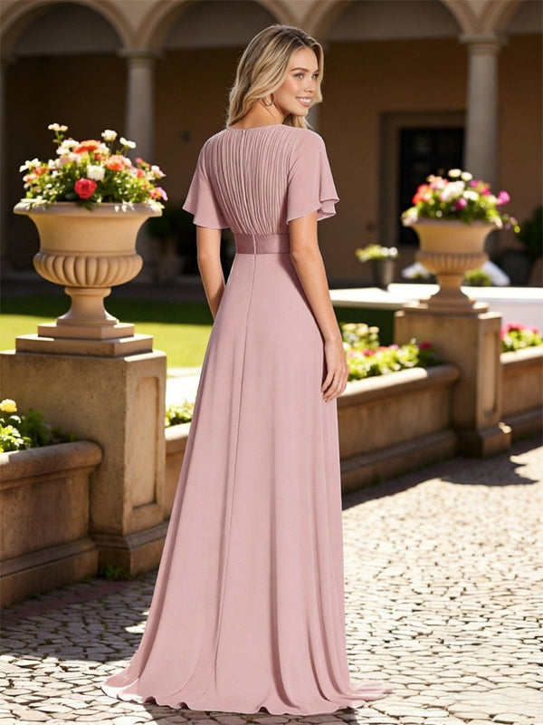 A-Line V-Neck Short Sleeve Ruched Chiffon Floor-Length Bridesmaid Dresses