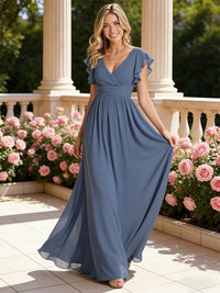 Classic A-Line V-Neck Short Sleeve Ruched Floor-Length Bridesmaid Dresses