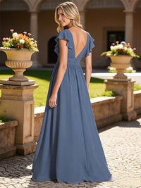 Classic A-Line V-Neck Short Sleeve Ruched Floor-Length Bridesmaid Dresses