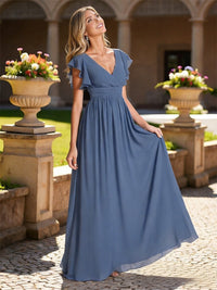 Classic A-Line V-Neck Short Sleeve Ruched Floor-Length Bridesmaid Dresses