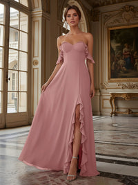 A-Line Off-Shoulder Sweetheart Ruffle Floor-Length Bridesmaid Dresses