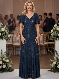 A-Line/Princess Short Sleeve Floor-Length Mother of the Bride Dresses with Sequin