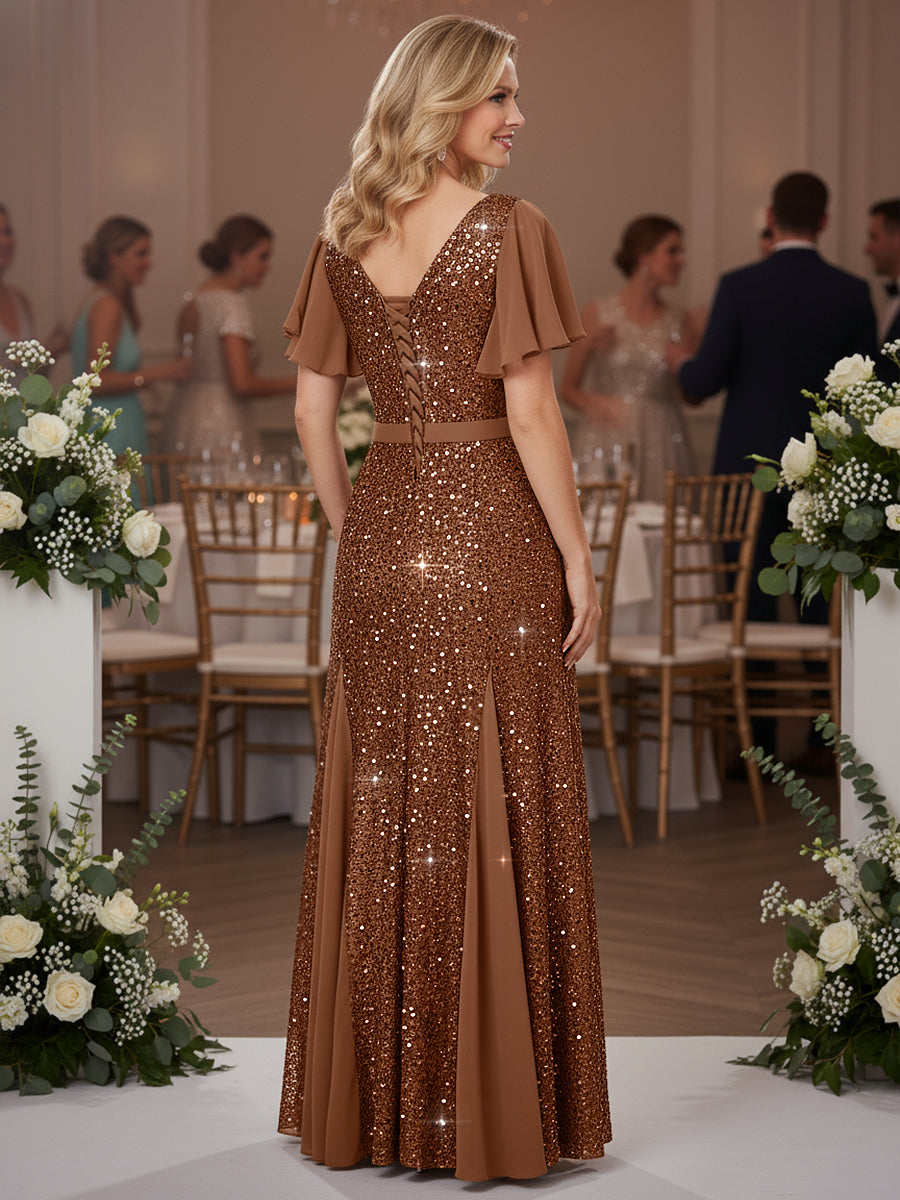 A-Line/Princess Short Sleeve Floor-Length Mother of the Bride Dresses with Sequin
