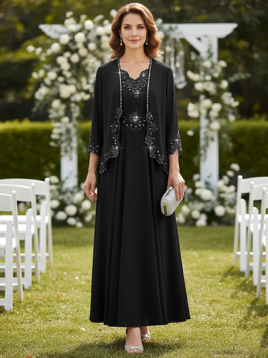 mother of the bride a line dress and jacket Two Piece Sheath Pleats Elegant Mother of the Bride Dress with Jackets QM3132