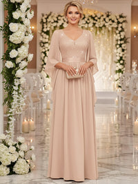 A-Line/Princess V Neck Long Sleeve Floor-Length Mother of the Bride Dresses with Sequin