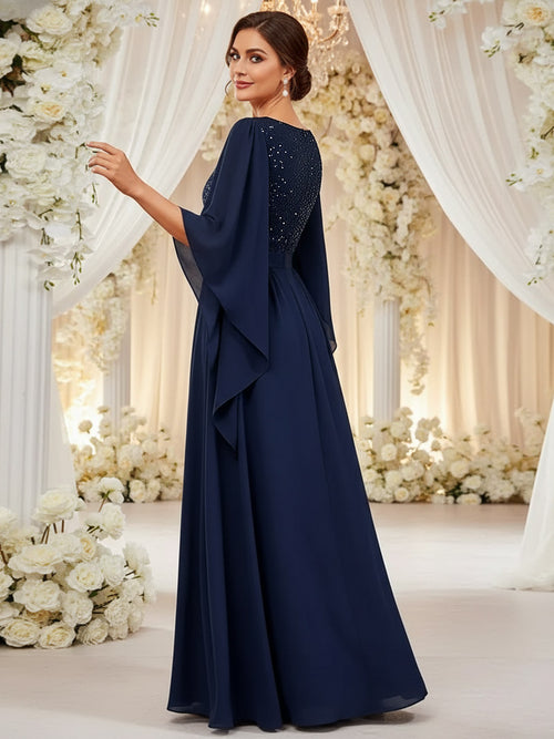 A-Line/Princess V Neck Long Sleeve Floor-Length Mother of the Bride Dresses with Sequin