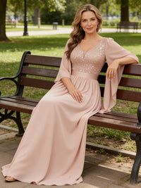 A-Line/Princess V Neck Long Sleeve Floor-Length Mother of the Bride Dresses with Sequin