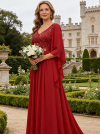 A-Line/Princess V Neck Long Sleeve Floor-Length Mother of the Bride Dresses with Sequin