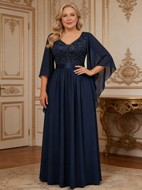 A-Line/Princess V Neck Long Sleeve Floor-Length Mother of the Bride Dresses with Sequin