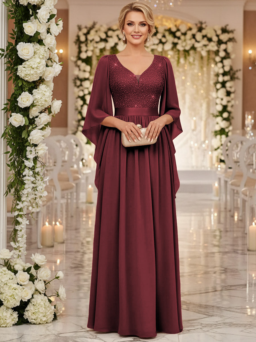 A-Line/Princess V Neck Long Sleeve Floor-Length Mother of the Bride Dresses with Sequin