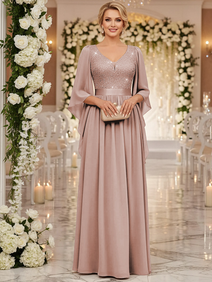 A-Line/Princess V Neck Long Sleeve Floor-Length Mother of the Bride Dresses with Sequin