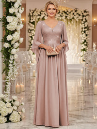 A-Line/Princess V Neck Long Sleeve Floor-Length Mother of the Bride Dresses with Sequin
