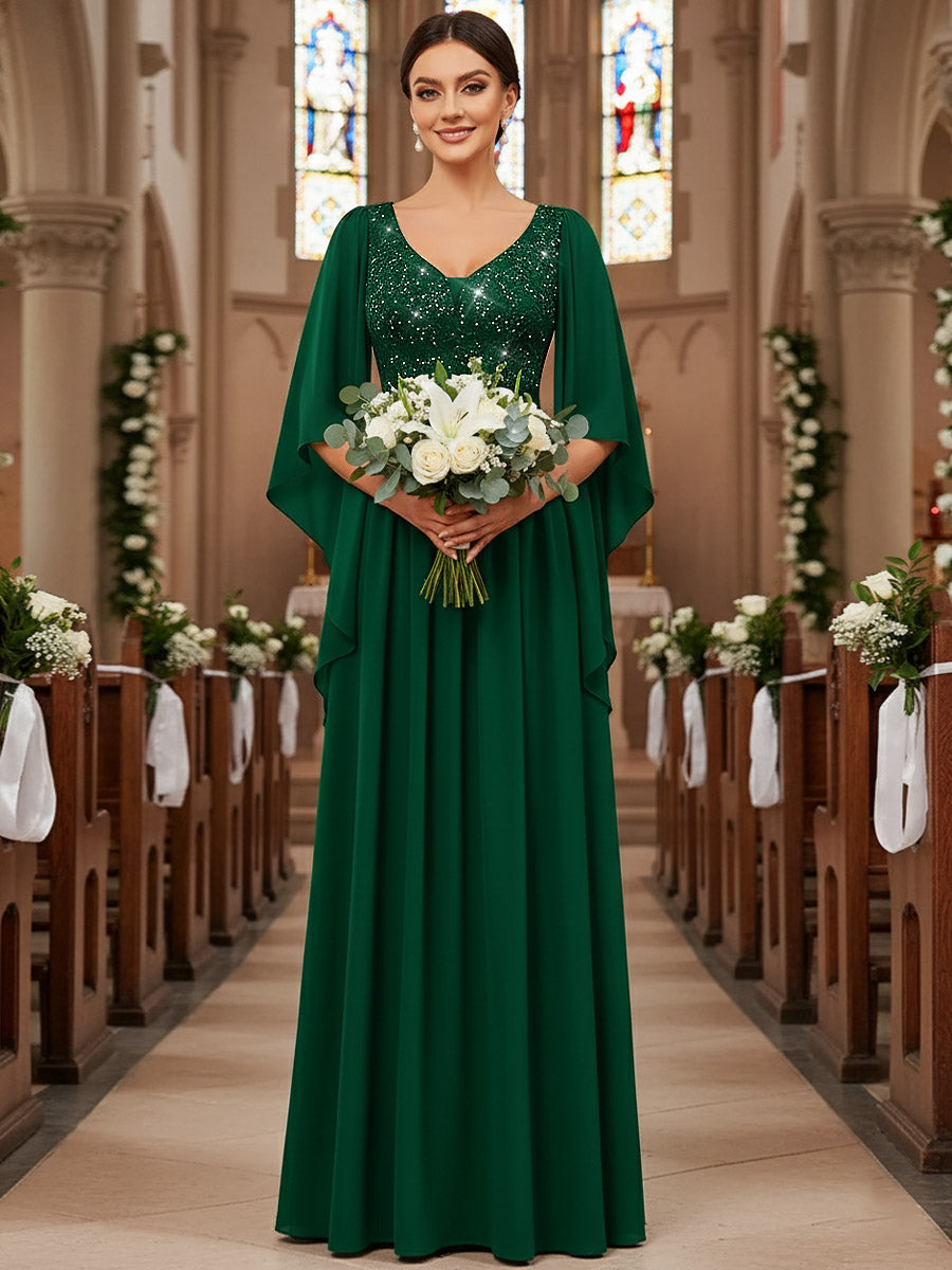 A-Line/Princess V Neck Long Sleeve Floor-Length Mother of the Bride Dresses with Sequin