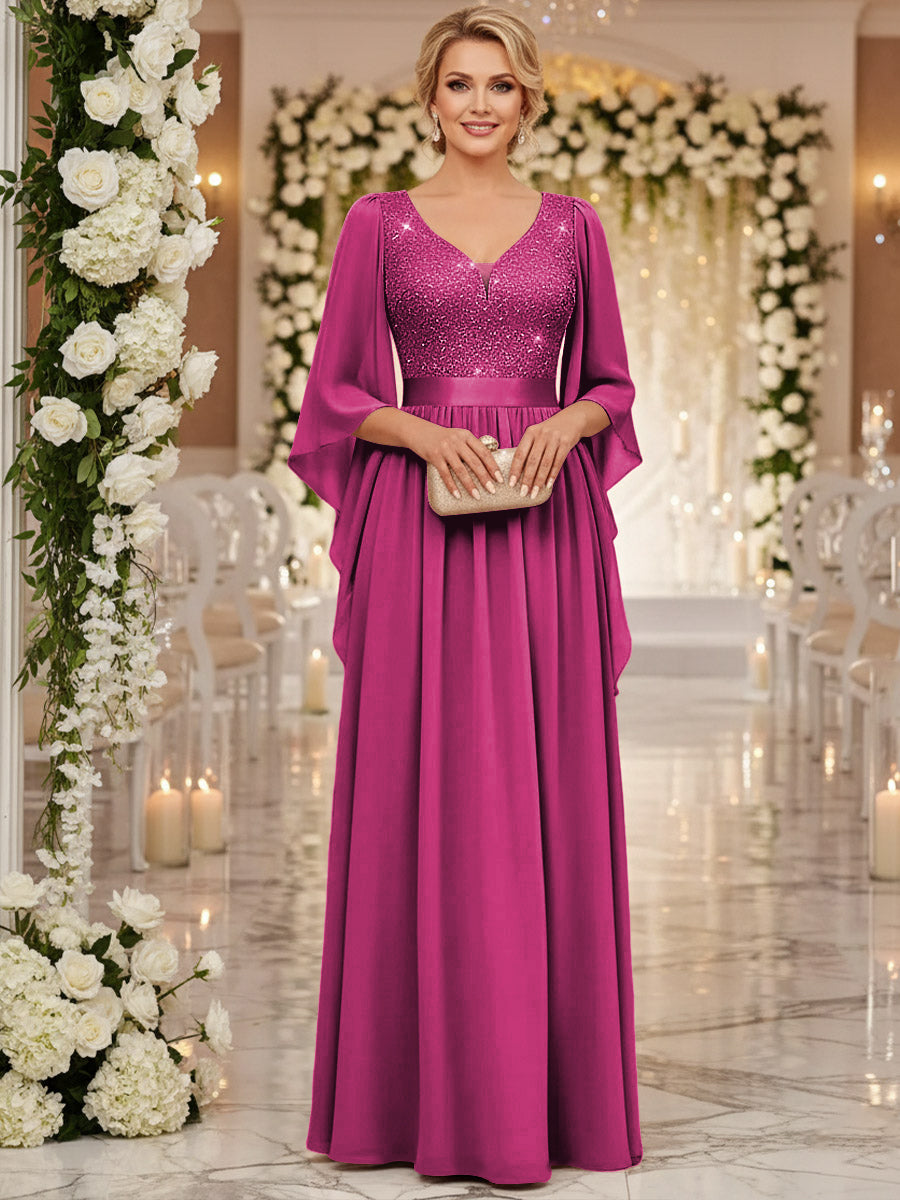 A-Line/Princess V Neck Long Sleeve Floor-Length Mother of the Bride Dresses with Sequin